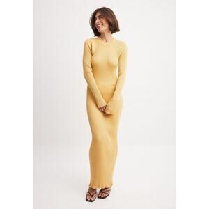 NWT NA-KD Light Yellow Knitted Ribbed Long Sleeve Maxi Dress, size S